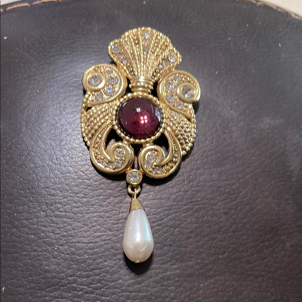 Jeff Lieb Elegant Gold and Red Brooch with Pearl Drop. Rare!